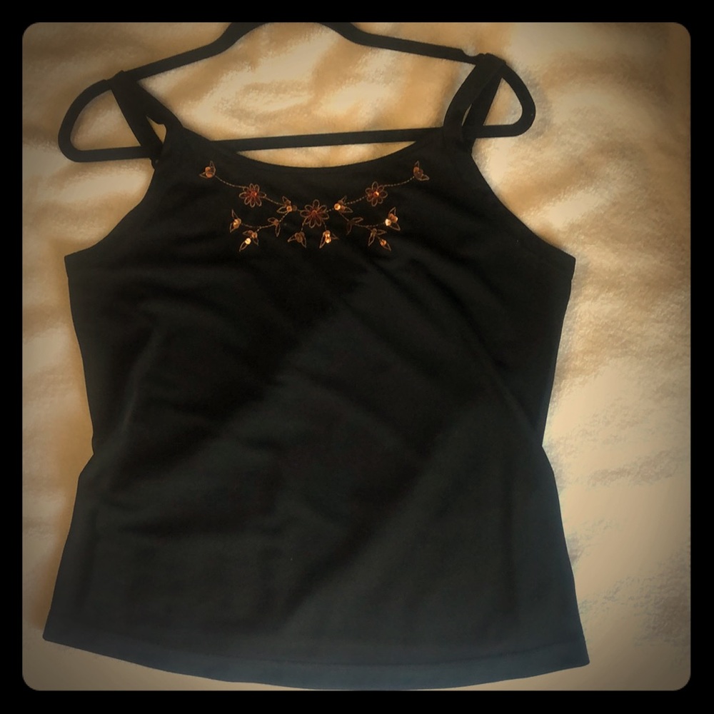 Black tank top sequin and gold and red flowers